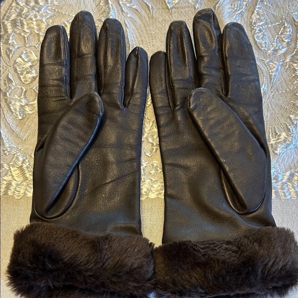 Fownes Women's Elegant Dark Brown Leather Gloves with Plush Fur Cuff; Size XL